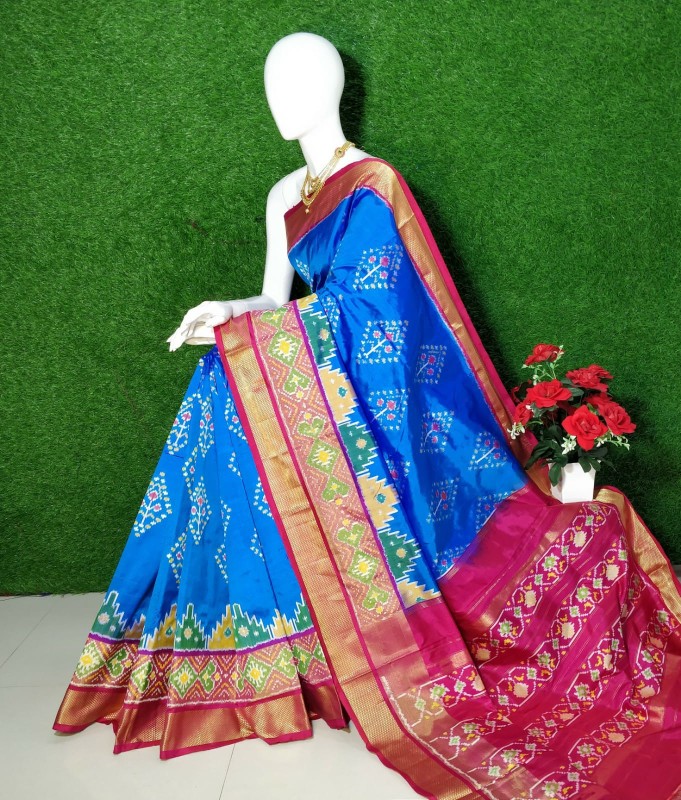 Exclusive Ikkat Pochampally Designer Pattern with Zari Kaddi Border Saree IKTA8ZF8MSS