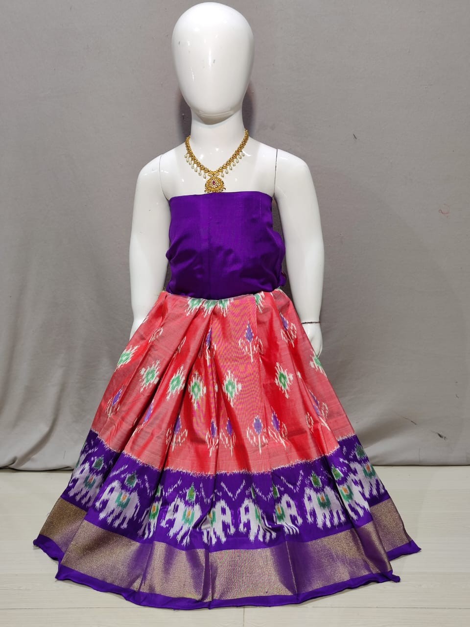 Handwoven Pochampally Ikkat Silk kids Lehenga IKTCME12RSL