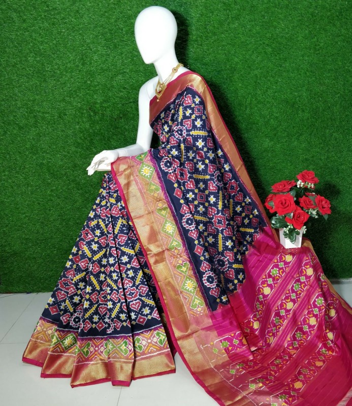 Exclusive Ikkat Pochampally Designer Pattern with Zari Kaddi Border Saree IKT4H03D3SS