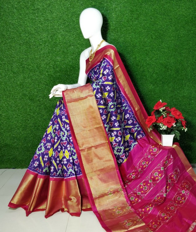Exclusive Ikkat Pochampally Designer Pattern with Zari Kaddi Border Saree IKT7RLC3YSS