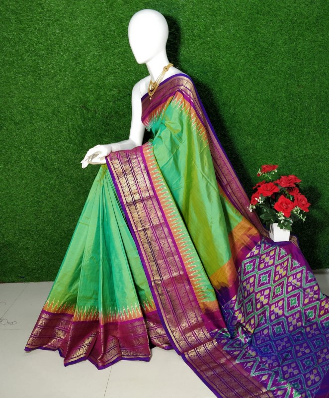 Ganga Jamuna Pochampally Ikkat Silk Saree With Kanchivaram Zari Border IKT15GQAJSS